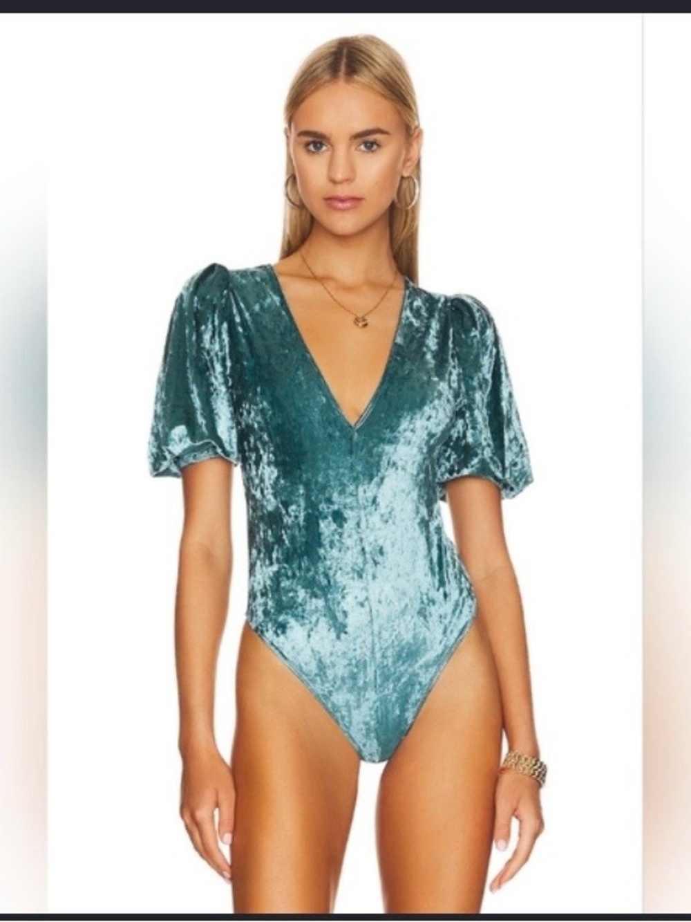 Free People Teal Crushed Velvet V-Neck Puff Sleeve Bodysuit - Teal Shine